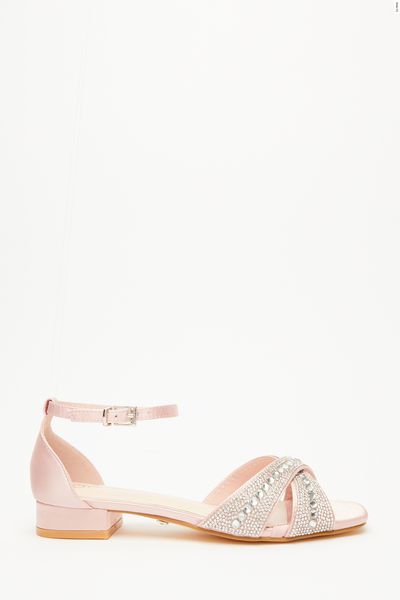Wide Fit Pink Diamante Cross Strap Flat Sandals